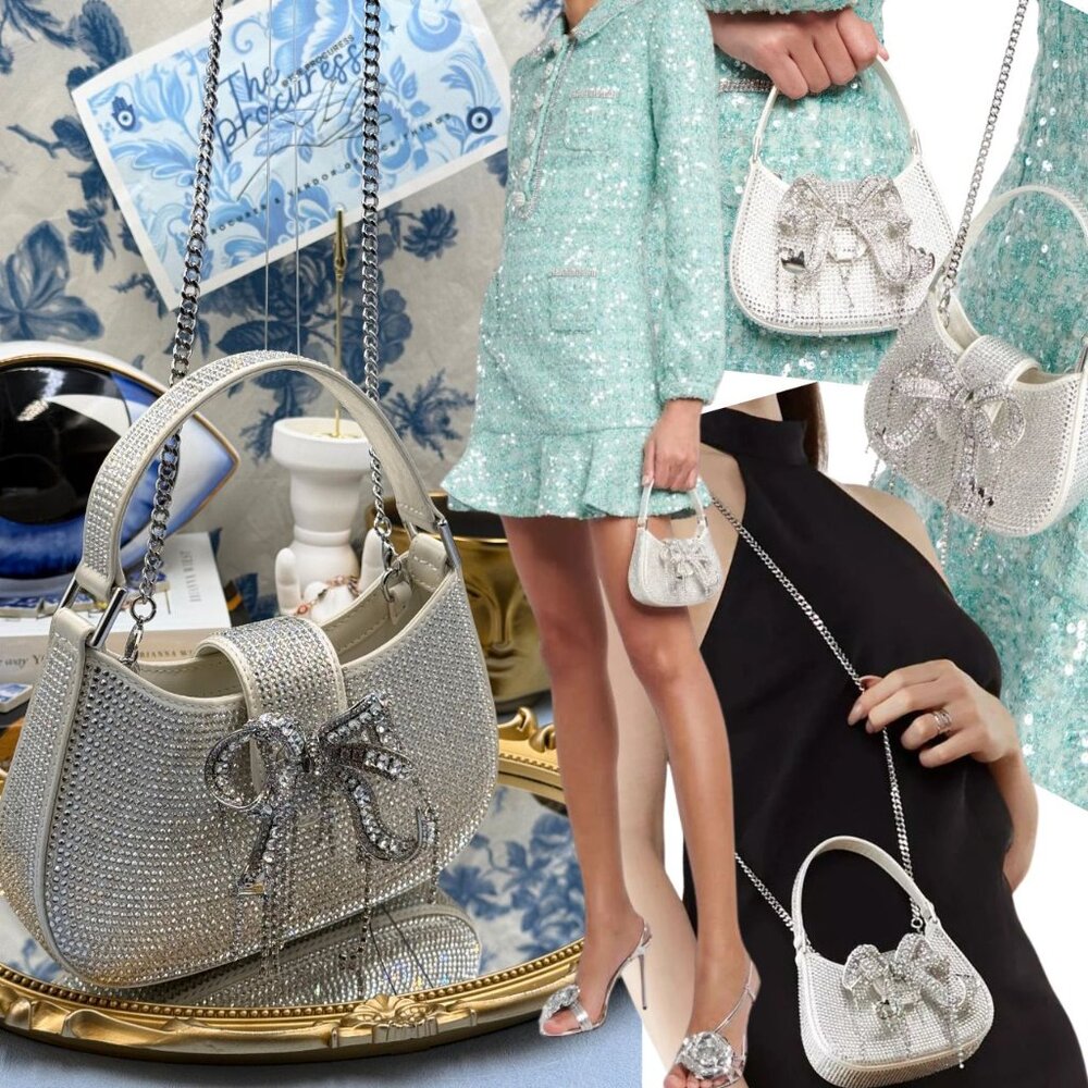 🆕 SELF-PORTRAIT 🧿 NWOT Micro Crystal Embellished Crescent Bow Bag, White
